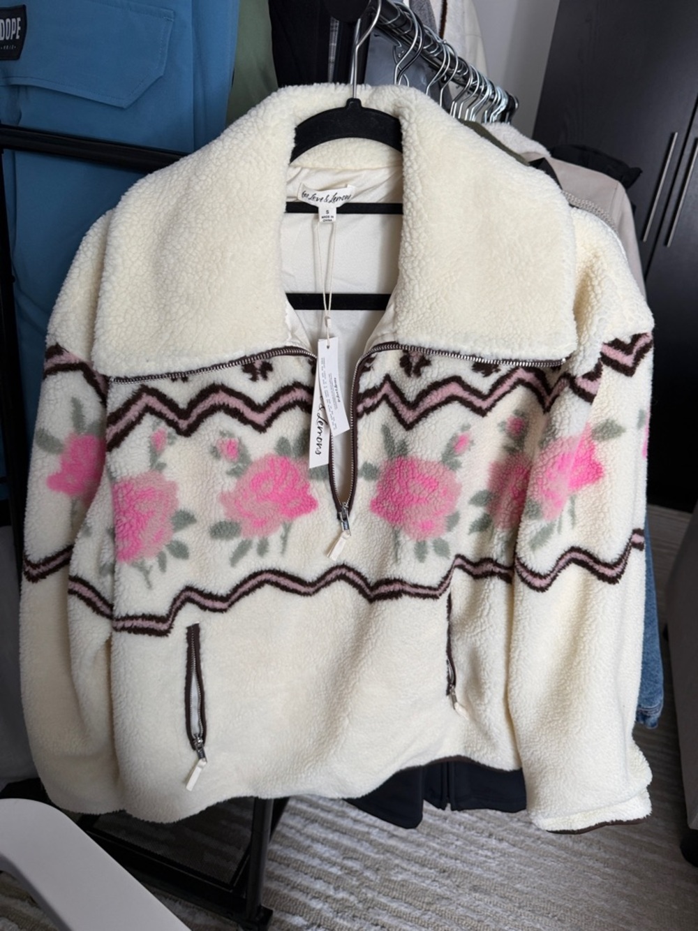 For Love & Lemons Cream Sherpa Pullover with Pink Floral Pattern